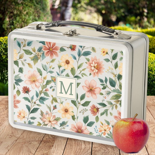 Bonito Floral Monogramada (A stylish, monogrammed, metal lunch box, with floral design on both sides)