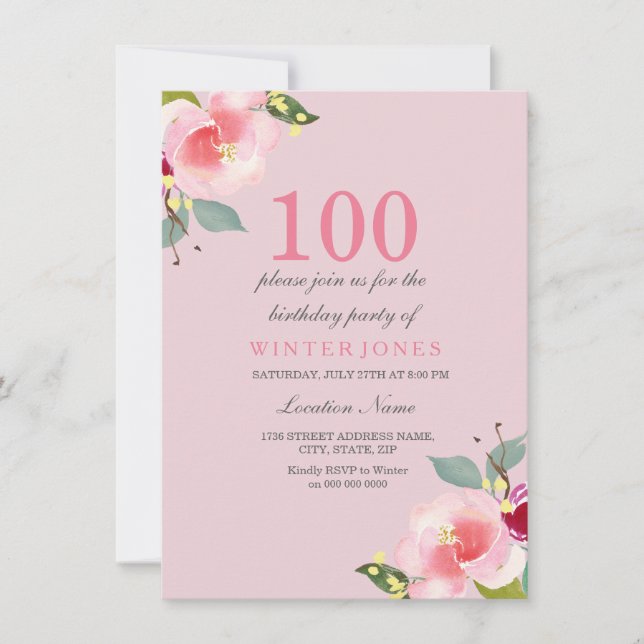 Bonito Floral Rosa 100.ª invitación a fiesta de cu (Anverso)