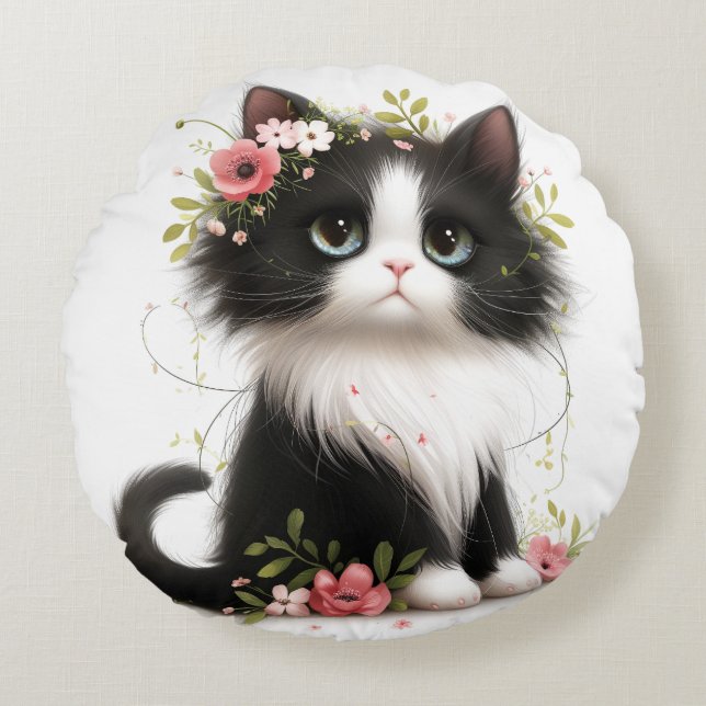 Bonito gatito de Tuxedo con Cojín decorativo de fl (Anverso)