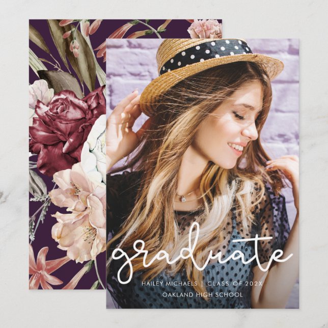 Bonito Graduación Floral Púrpura Invitación de fot (Anverso / Reverso)