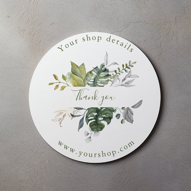 Bonito hojas verdes, tienda gracias pegatina (Round leafy sticker saying "Thank you" with your business details and web site address.)