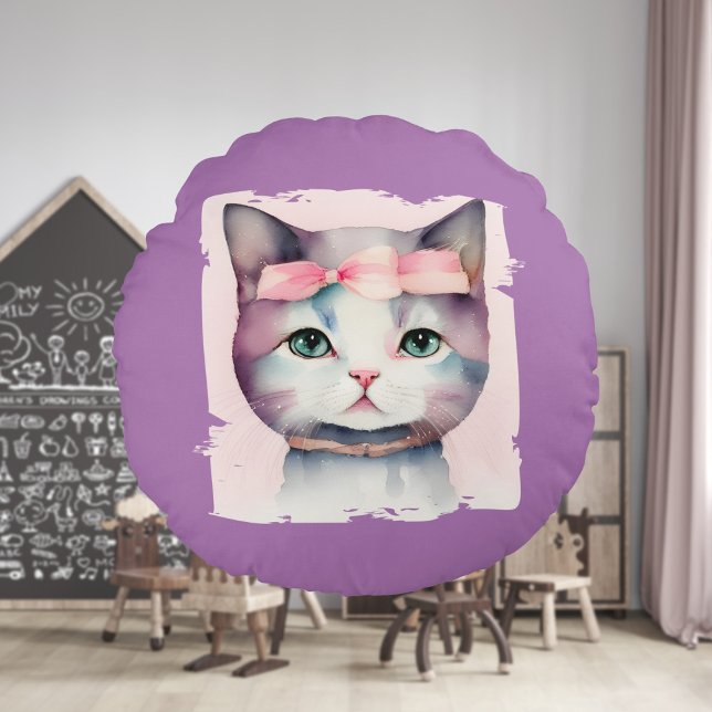 Bonito Kitty Con Almohada Redonda De Bow Rosa (Subido por el creador)