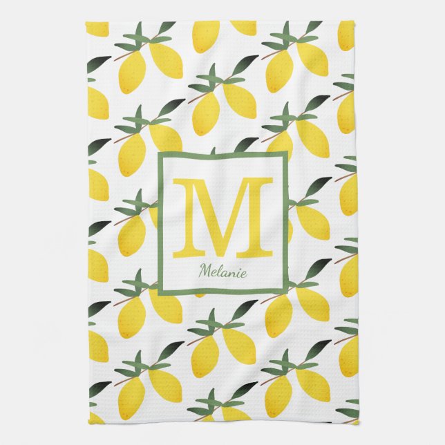 Bonito Lemon Monograma Nombre Toallas de cocina (Vertical)