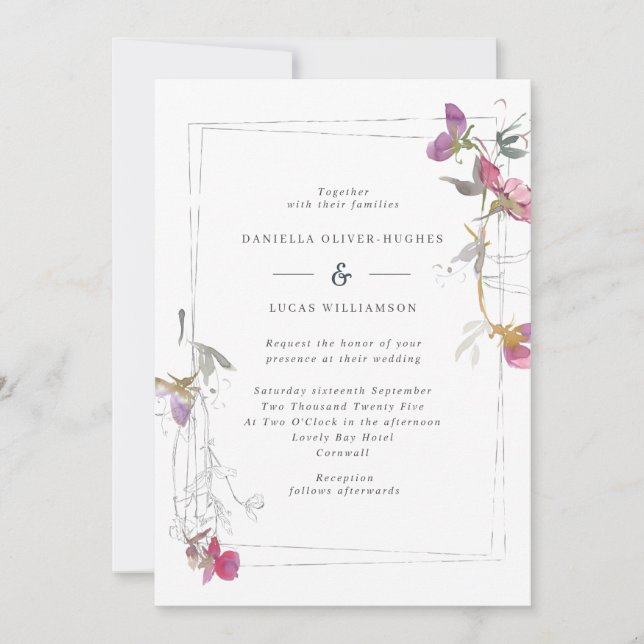 Bonito Lilac Summer Sweet Pea Wedding Invitación (Anverso)