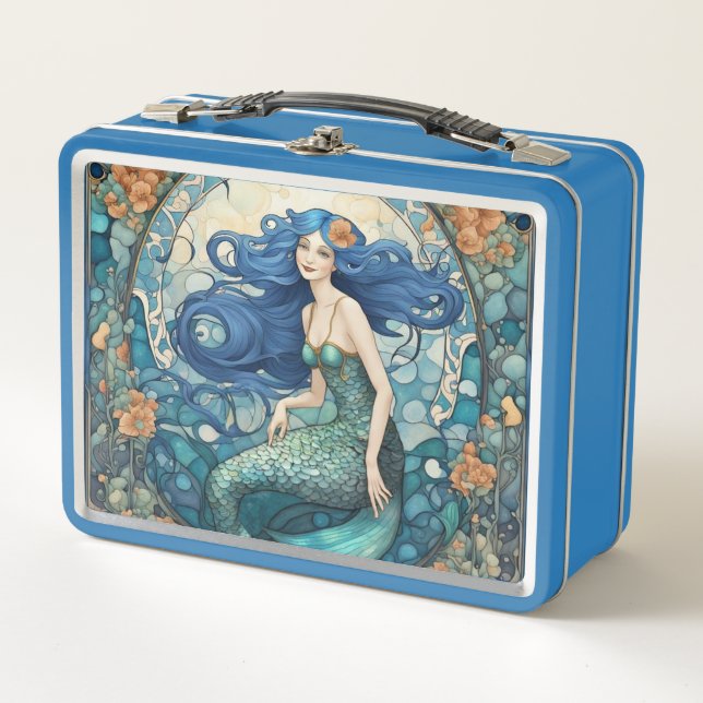 Bonito Mermaid Art Nouveau Art Deco Azul (Anverso)
