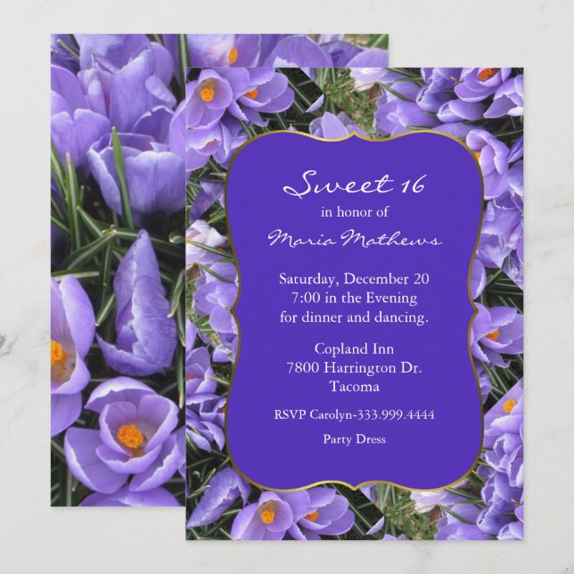Bonito Morado Crocus Sweet 16 Invitación de cumple (Anverso / Reverso)