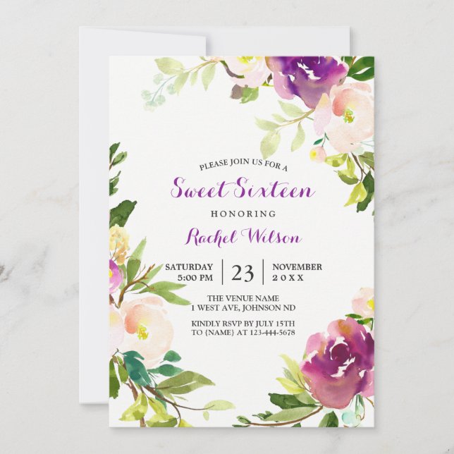 Bonito Morado Floral Dulce 16 Invitación (Anverso)