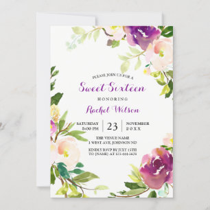 Bonito Morado Floral Dulce 16 Invitación