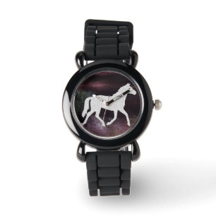 Bonito Morado y Plata Gitter reloj de caballos