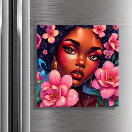 Bonito Mujer de color con flores rosas