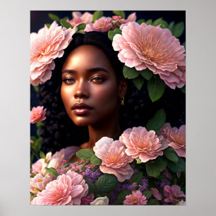 Bonito Mujer Negra Flores Rosa Arte Digital