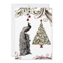 Bonito pavo real y arbol de Navidad plano