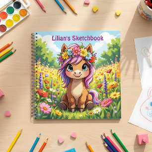 Bonito Pony con cuaderno de bocetos de flores