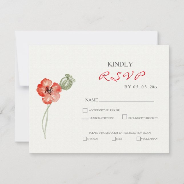 Bonito Red Poppies moderna floral boda RSVP tarjet (Anverso)