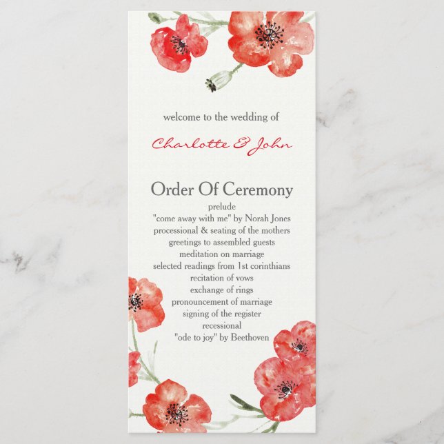 Bonito Red Poppies programas de boda florales (Anverso)