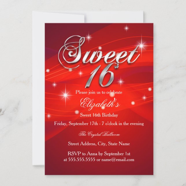 Bonito Red Sparkle Sweet 16 Invitaciones (Anverso)