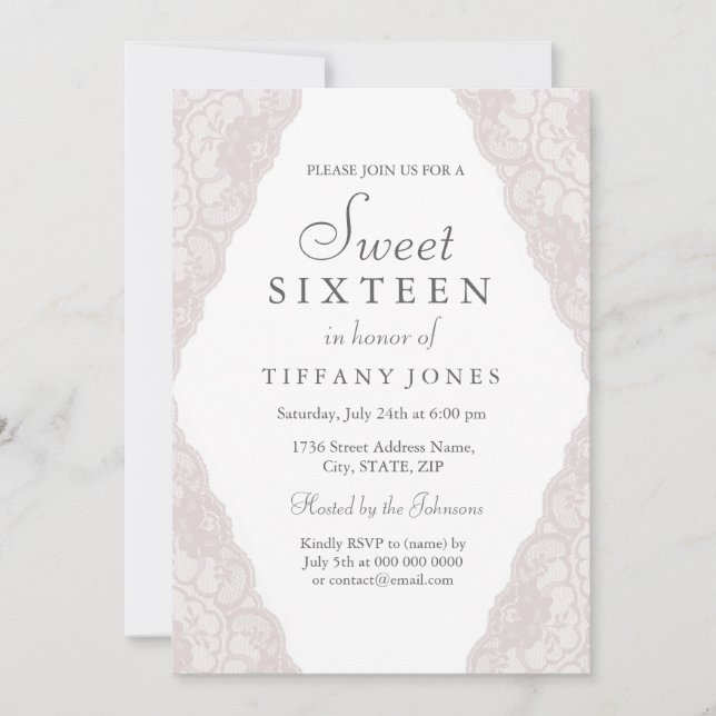 Bonito Rosa Vintage Lace Sweet 16 Invitación (Anverso)