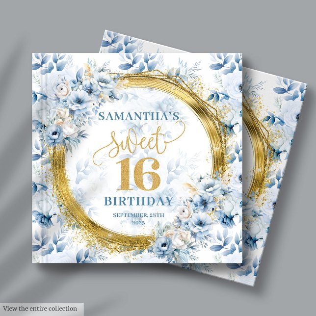 Bonito Rótulo Blue Sweet 16 Invitado En Libro Oro (Lovely Light Blue Sweet 16 Guest Sign In Book Gold)