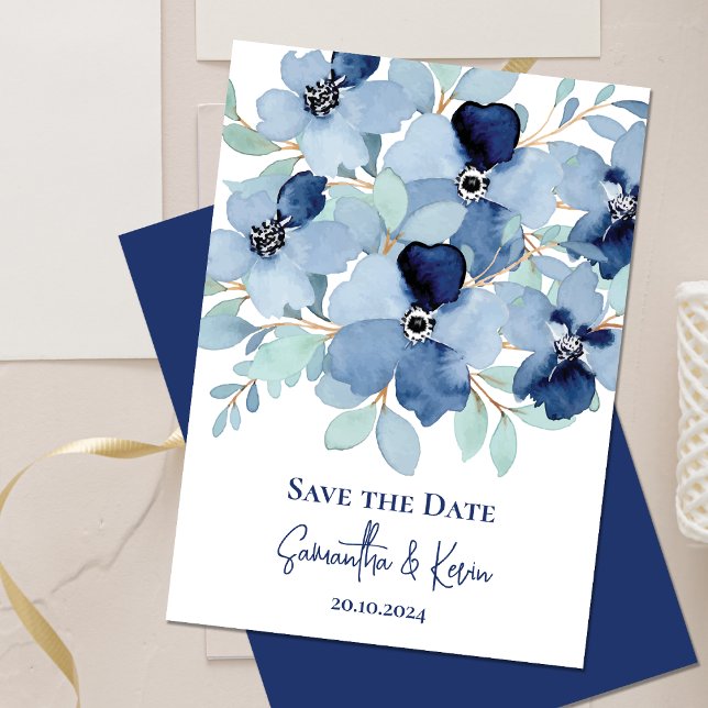Bonito Stale Blue Floral Wedding Save The Date (Pretty Stale Blue Floral Wedding Save The Date Invitation)