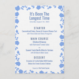 Bonito suave romántico Boda azul menú de cena