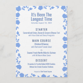 Bonito suave romántico Boda azul menú de cena