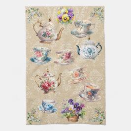 Bonito Teacup Teapot Toalla Damask Pansies florale