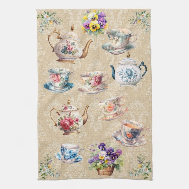 Bonito Teacup Teapot Toalla Damask Pansies florale (Vertical)