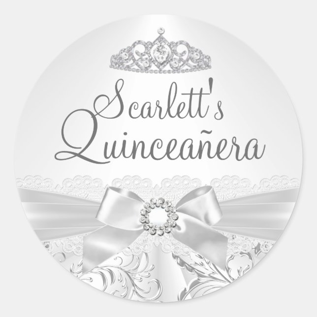 Bonito Tiara y Bow Silver Quinceanera Pegatina (Anverso)