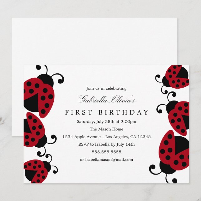 Bonitos Ladybugs | Invitación a la fiesta de cumpl (Anverso / Reverso)