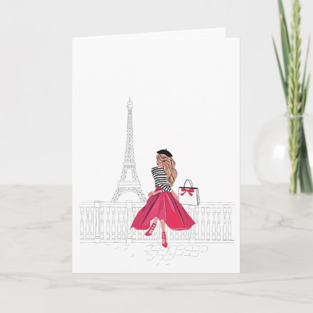 ¡Bonjour Paris! Mujer por tarjeta de Torre Eiffel (Anverso)
