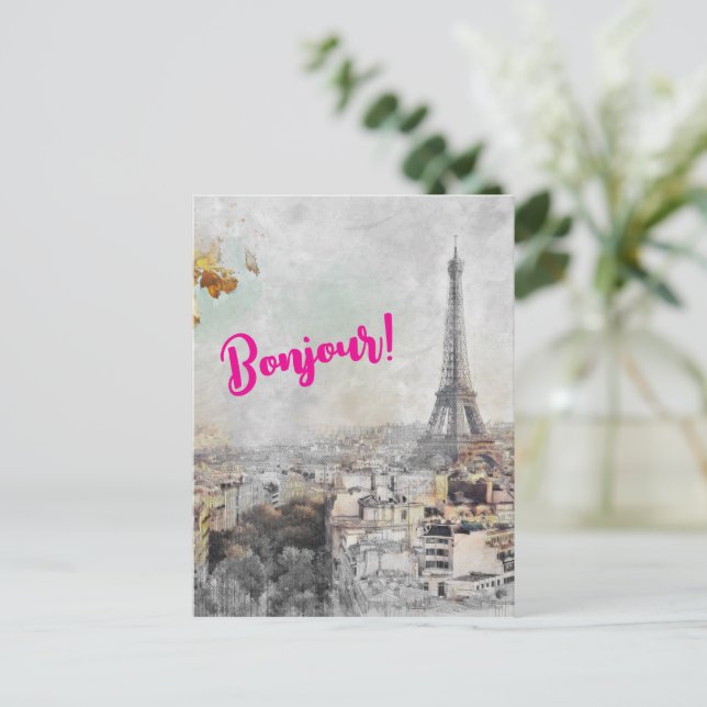 "Bonjour Paris", postal de la Torre Eiffel - Viaje (Anverso de pie)