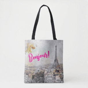 "Bonjour" Torre Eiffel Bolsa de Tote - Moda Parisi