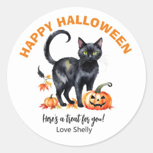 ¡Boo! Feliz pegatina del gato negro de Halloween