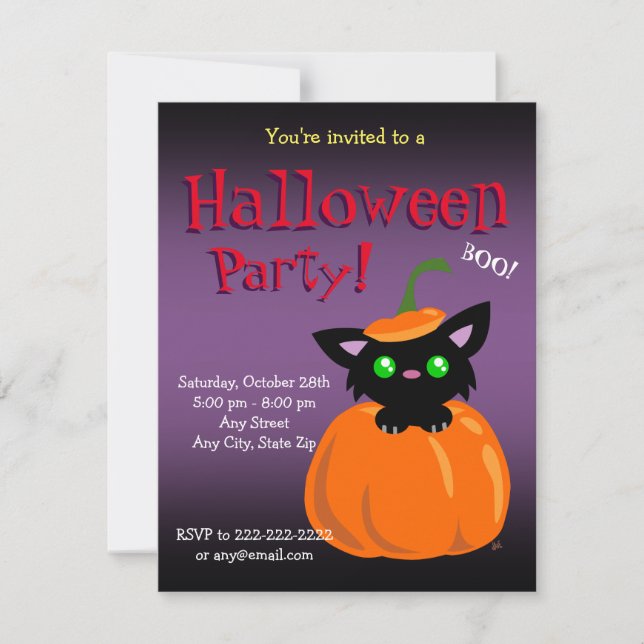 ¡BOO! Gato en una invitación de Halloween/Cumpleañ (Anverso)