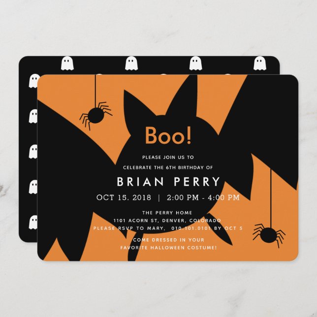 ¡Boo! Invitación de cumpleaños de Halloween Bat &  (Anverso / Reverso)