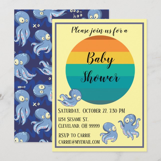 Boo Octopus Blue Retro Invitación a Baby Shower (Anverso / Reverso)