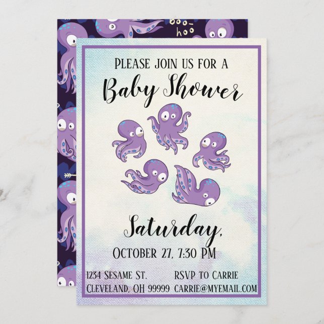 Boo Octopus Purple Baby Shower Invitación (Anverso / Reverso)