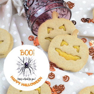 ¡Boo! Pegatina de Halloween con telaraña feliz