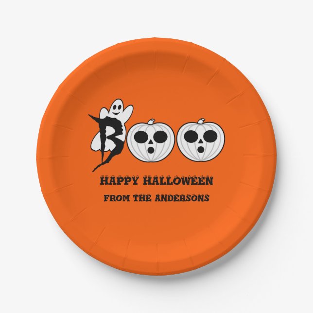 ¡BOO! Plato de papel de fantasma de Halloween (Anverso)