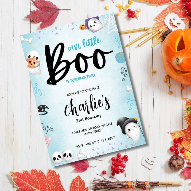 ¡Boo tiene 2! Invitación de Blue Halloween Ghost B (Boo-Day)