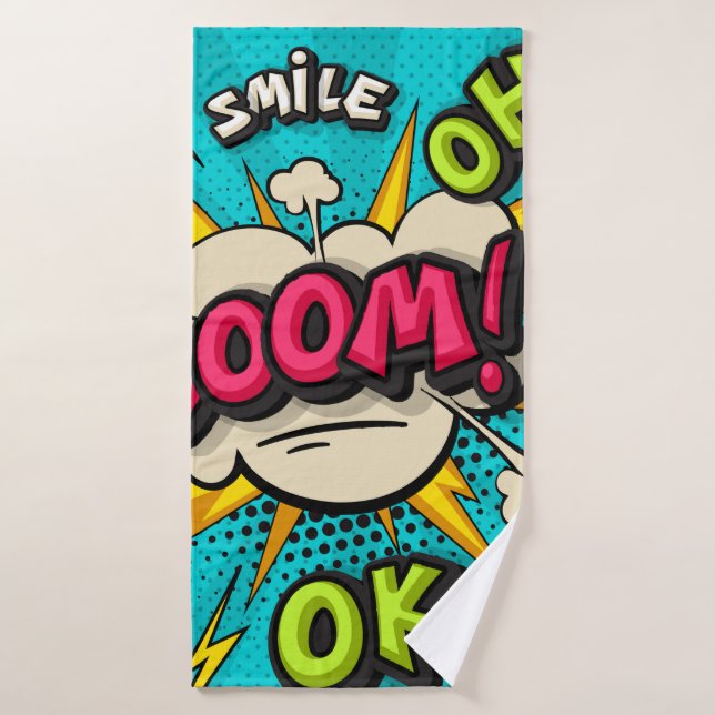 Boom pop art cloud bubble. Smile, wow, pow, cool,  (Toalla de baño)