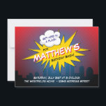 Boom Superhéroe Kids Invitación a la fiesta de cum<br><div class="desc">Invitación a la fiesta de cumpleaños de superhéroes neutrales en género con el paisaje urbano a continuación. Personalizar el título del fiesta para otros eventos. Ideal para fiestas de cumpleaños de niños o niñas. Tarjeta de agradecimiento coincidente:</div>