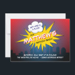Boom Superhéroe Kids Invitación a la fiesta de cum<br><div class="desc">Invitación a la fiesta de cumpleaños de superhéroes neutrales en género con el paisaje urbano a continuación. Personalizar el título del fiesta para otros eventos. Ideal para fiestas de cumpleaños de niños o niñas. Tarjeta de agradecimiento coincidente:</div>