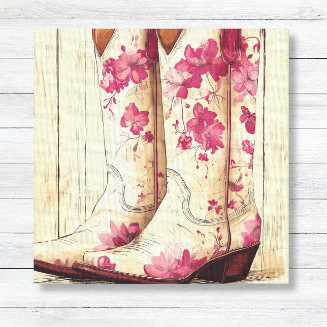 Boots de lechuga floral rosa - Decoración de Chica (Chic Rustic Western Cowgirl Boots - Minimalist Cream Wood Texture - Pink Floral Canvas Art for Girls)