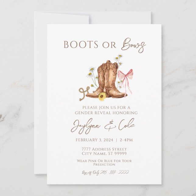 Boots O Bows Género Revelar Invitación del Partido (Anverso)