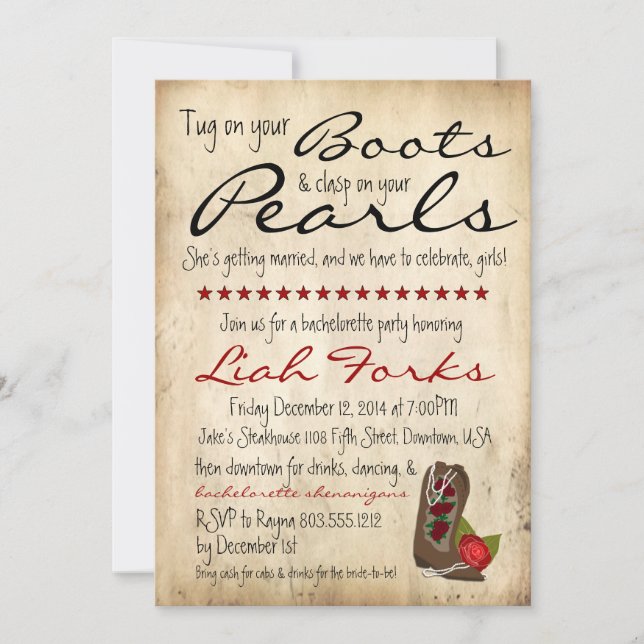 Boots & Pearls Bachelorette Party Invitación (Anverso)