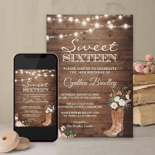 Boots rústicos Cowgirl Sweet 16 Invitación