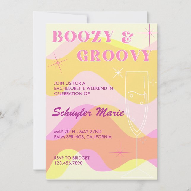 Boozy y Groovy Bachelorette Party Invitación (Anverso)