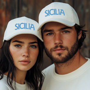Bordada Gorra blanca de Sicilia (o Sicilia) con bordado az