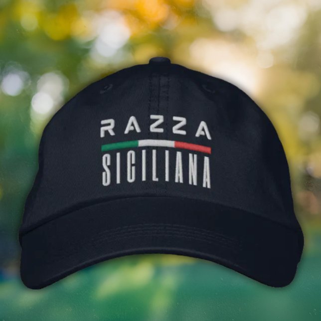 Bordada Razza Siciliana - Gorra Italiana Embroiderada de O (Razza Siciliana (Sicilian Roots)
Embroidered Baseball Cap with Italian Flag accent)